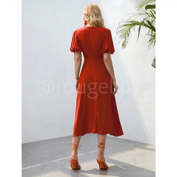 Burnt Orange V-Neck Midi Dress Fit and Flare Butterfly Sleeve Faux Button Front - Picture 4 of 12